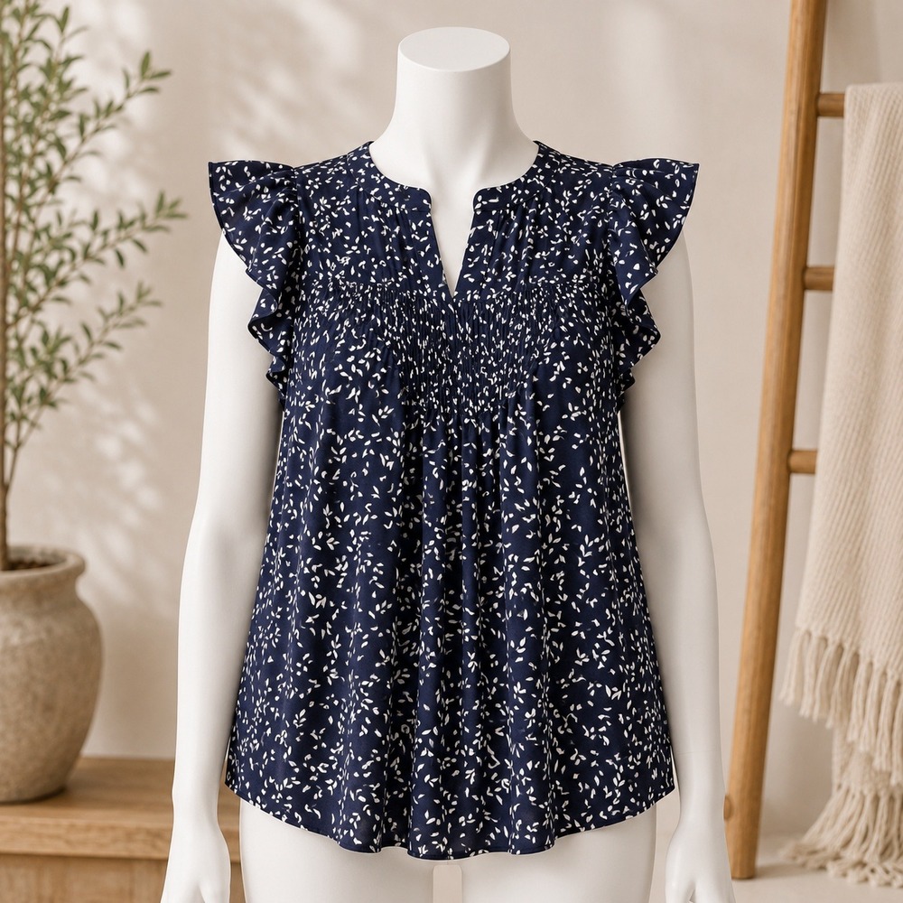 NWOT Melloday Blouse 2X Navy Blue White Leaf Print Ruffle Cap Sleeve Pleated